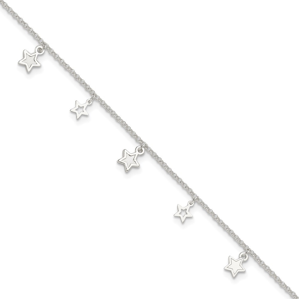 925 Sterling Silver Textured Star Charm 9" Plus 1" Ext. Fine Jewelry Anklet